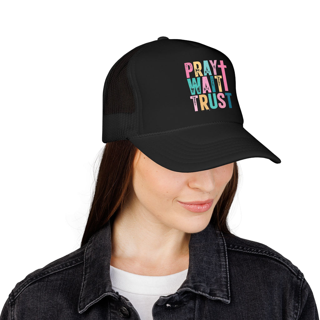 Trucker Hat — "Pray Wait Trust" Colorful Cross Faith Cap