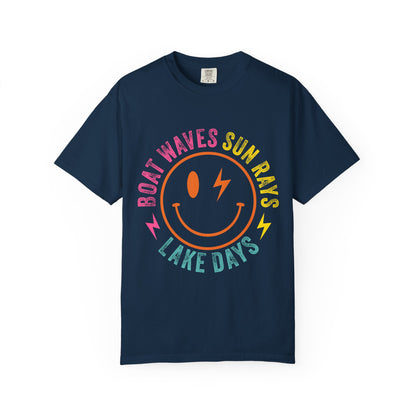 Lake Days T-Shirt — "Boat Waves Sun Rays" Retro Smile Graphic