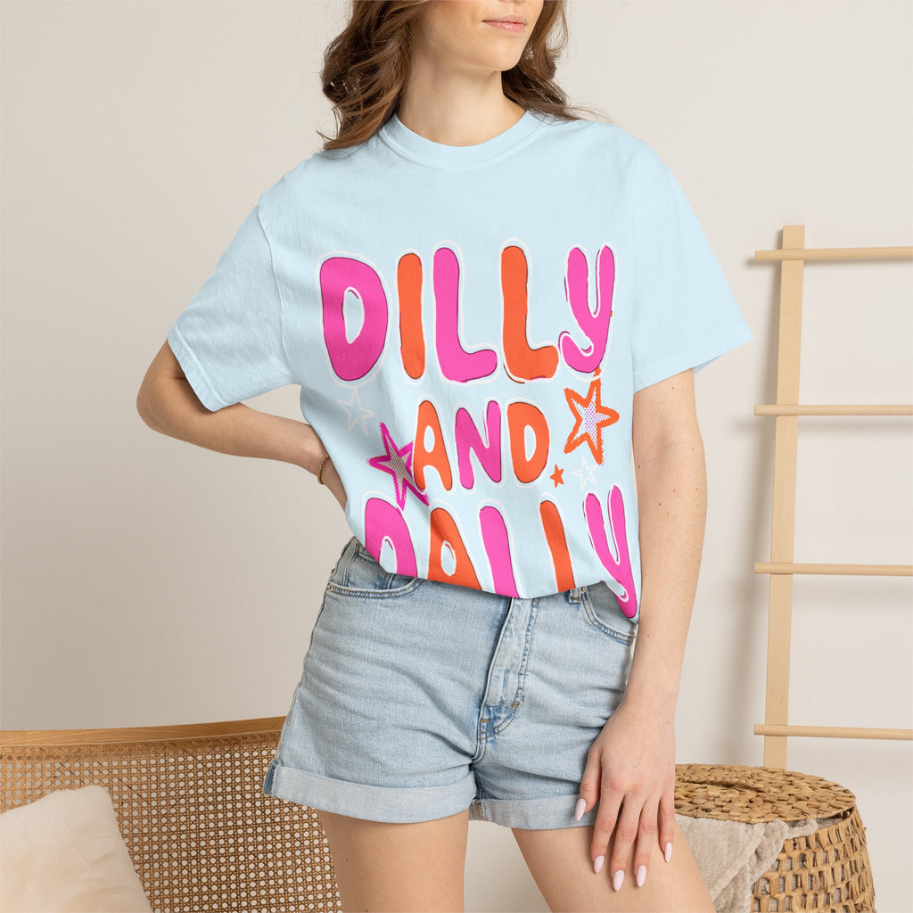 Dilly and Dally Graphic T-Shirt — Playful Pink & Orange Typography Tee