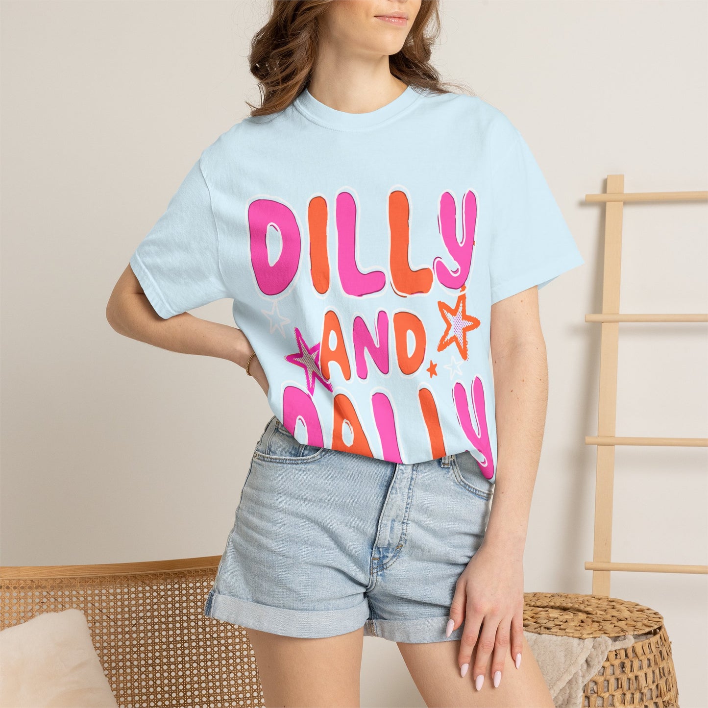 Dilly and Dally Graphic T-Shirt — Playful Pink & Orange Typography Tee