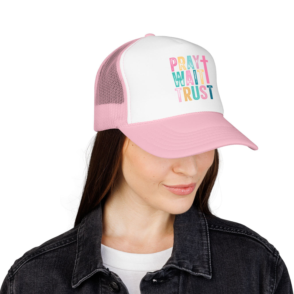 Trucker Hat — "Pray Wait Trust" Colorful Cross Faith Cap
