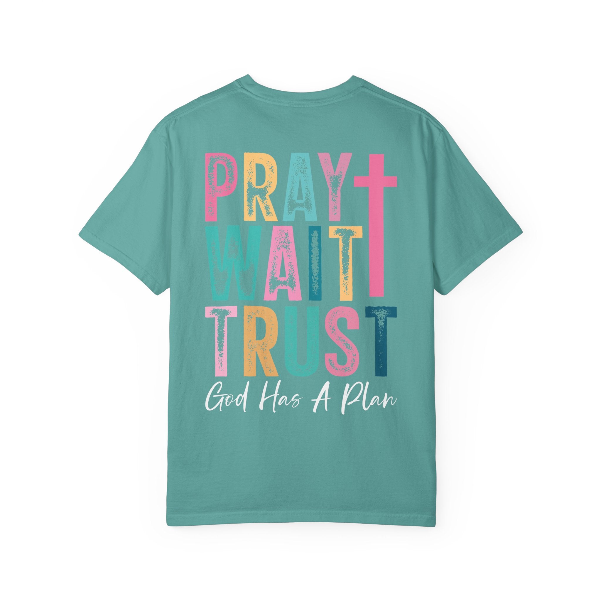 Pray Wait Trust T-Shirt — Colorful Christian Cross Faith Tee
