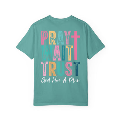 Pray Wait Trust T-Shirt — Colorful Christian Cross Faith Tee