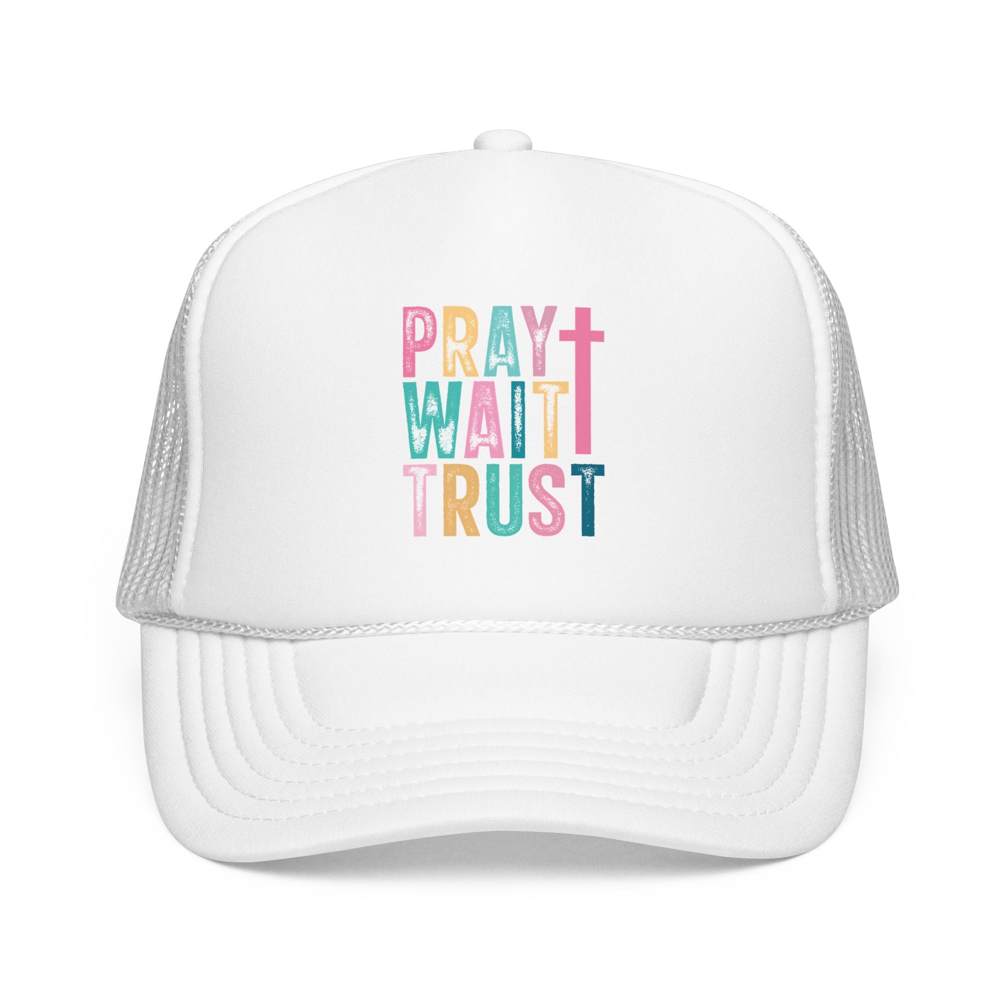 Trucker Hat — "Pray Wait Trust" Colorful Cross Faith Cap