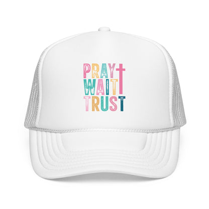 Trucker Hat — "Pray Wait Trust" Colorful Cross Faith Cap