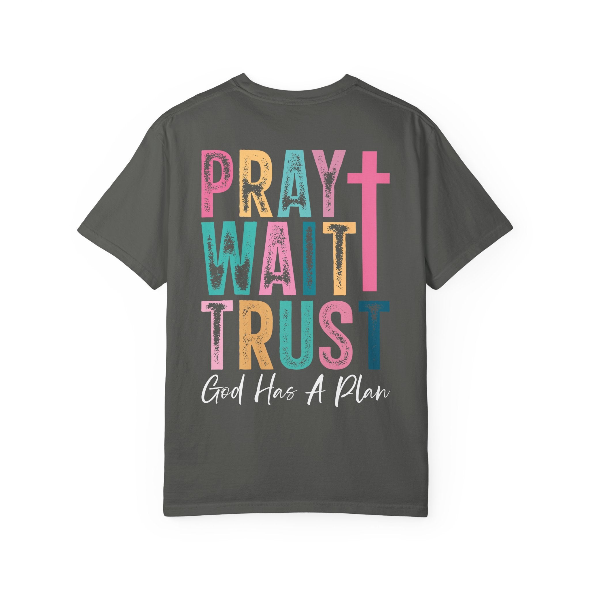 Pray Wait Trust T-Shirt — Colorful Christian Cross Faith Tee