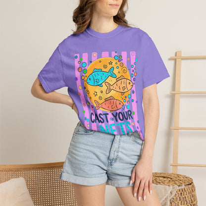 Cast Your Nets T-Shirt — Colorful Christian Fish Design (Luke 5:4)