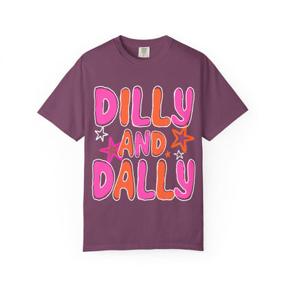 Dilly and Dally Graphic T-Shirt — Playful Pink & Orange Typography Tee