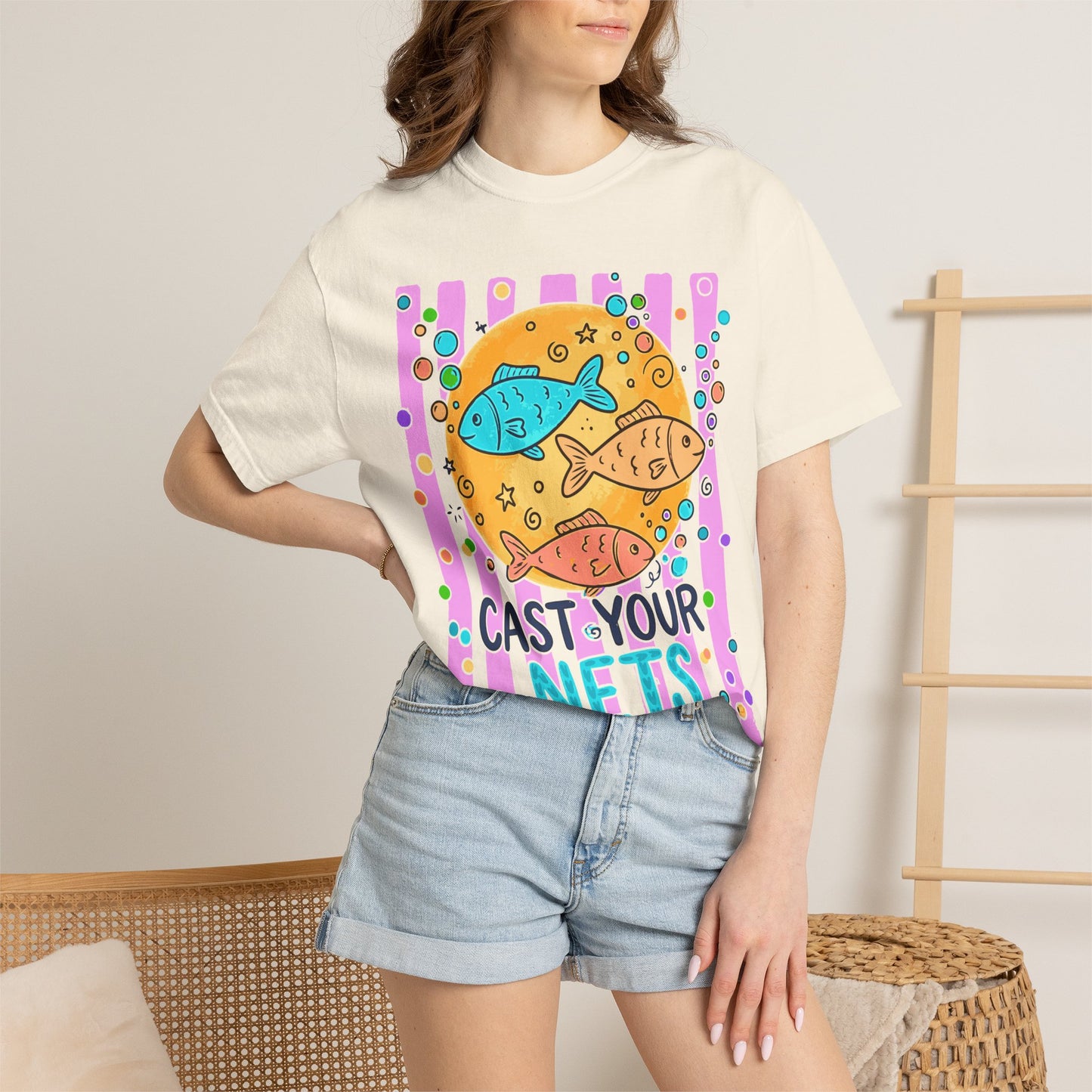 Cast Your Nets T-Shirt — Colorful Christian Fish Design (Luke 5:4)