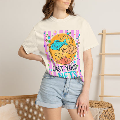 Cast Your Nets T-Shirt — Colorful Christian Fish Design (Luke 5:4)