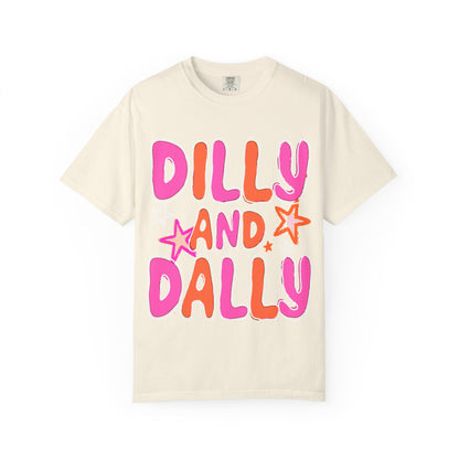 Dilly and Dally Graphic T-Shirt — Playful Pink & Orange Typography Tee