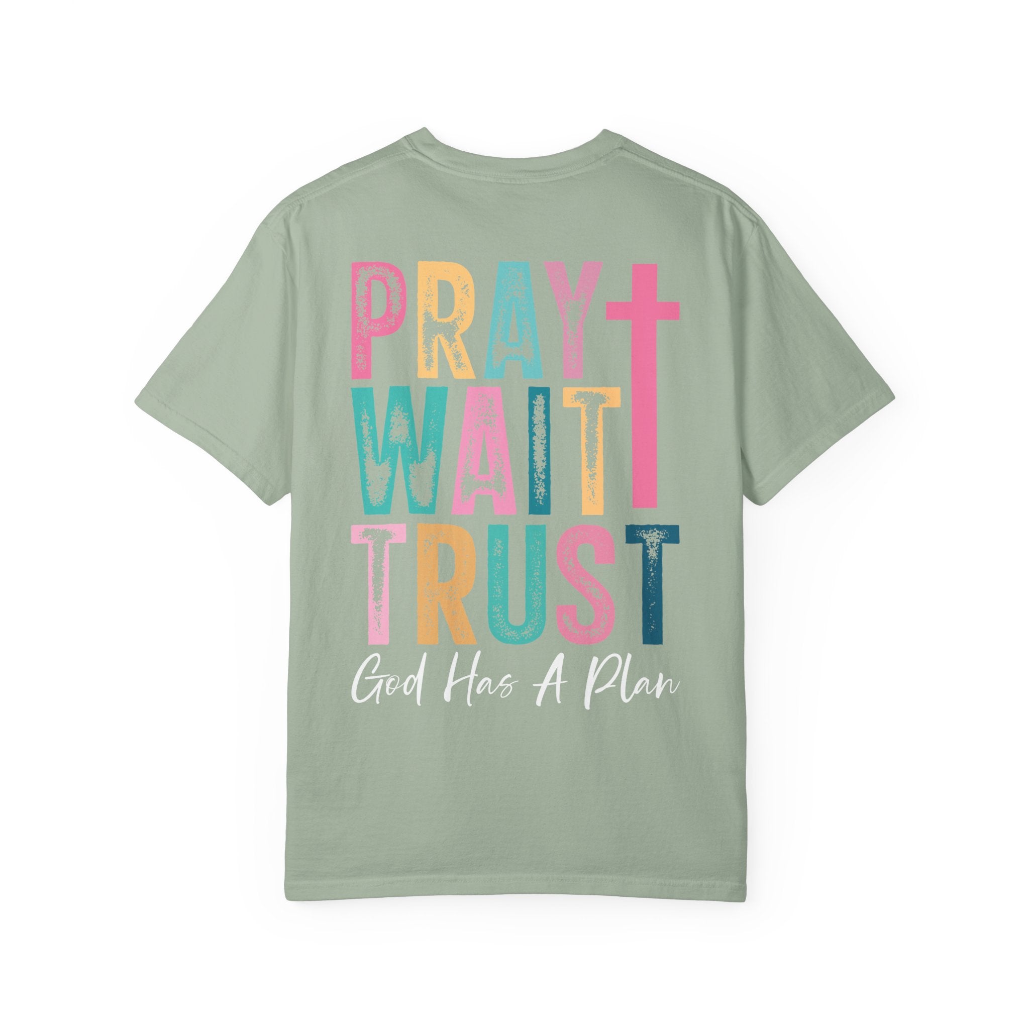Pray Wait Trust T-Shirt — Colorful Christian Cross Faith Tee