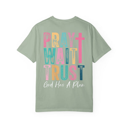 Pray Wait Trust T-Shirt — Colorful Christian Cross Faith Tee