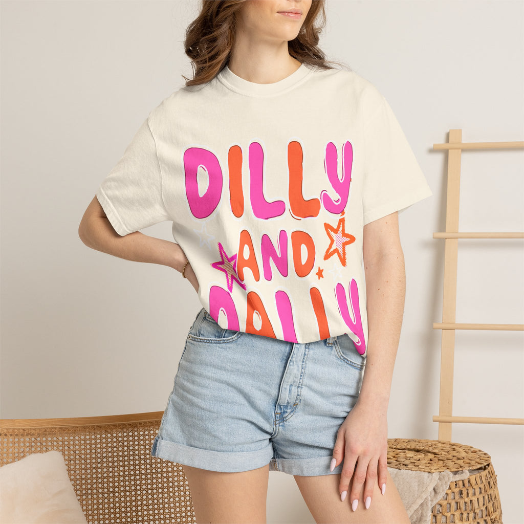 Dilly and Dally Graphic T-Shirt — Playful Pink & Orange Typography Tee