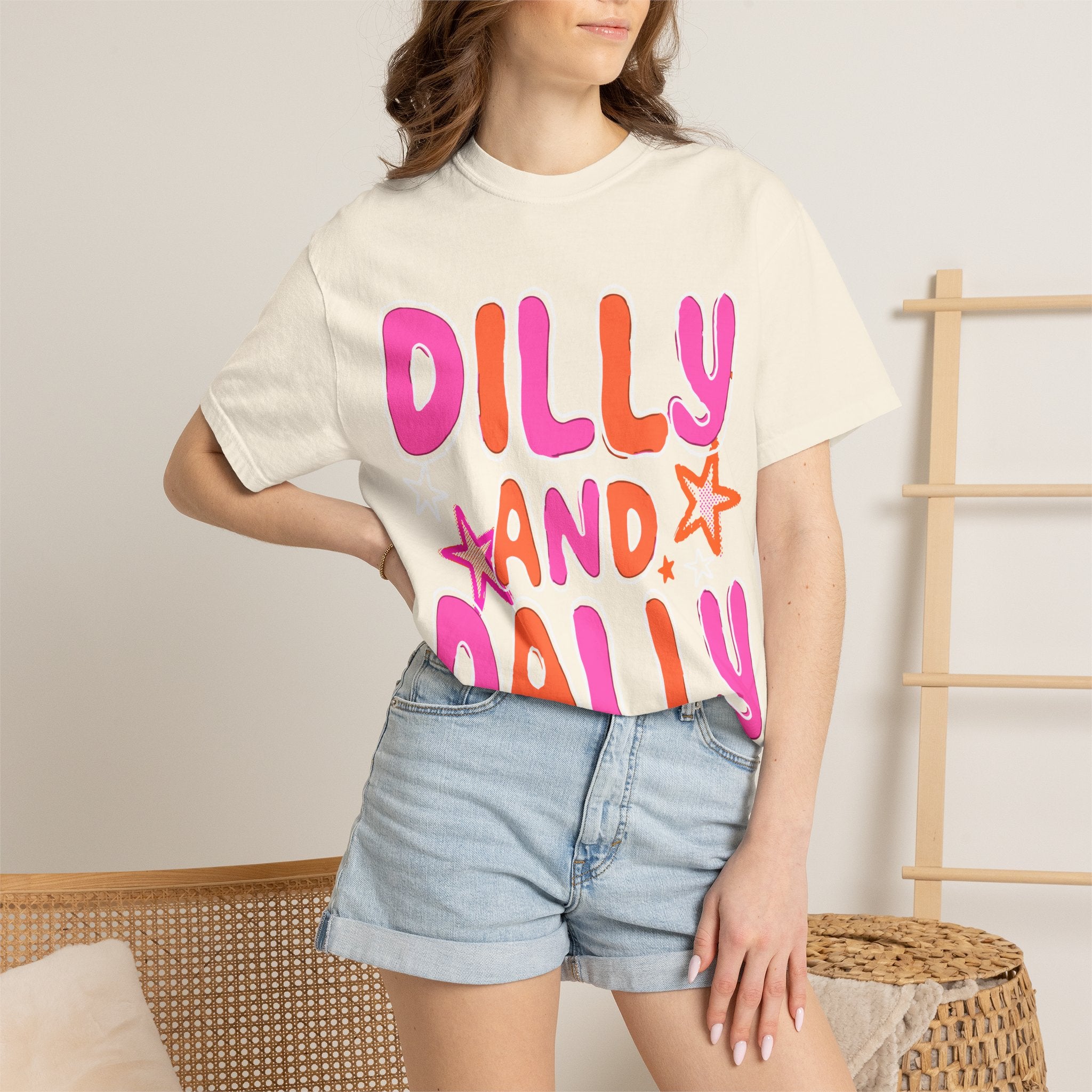 Dilly and Dally Graphic T-Shirt — Playful Pink & Orange Typography Tee