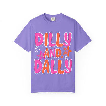 Dilly and Dally Graphic T-Shirt — Playful Pink & Orange Typography Tee