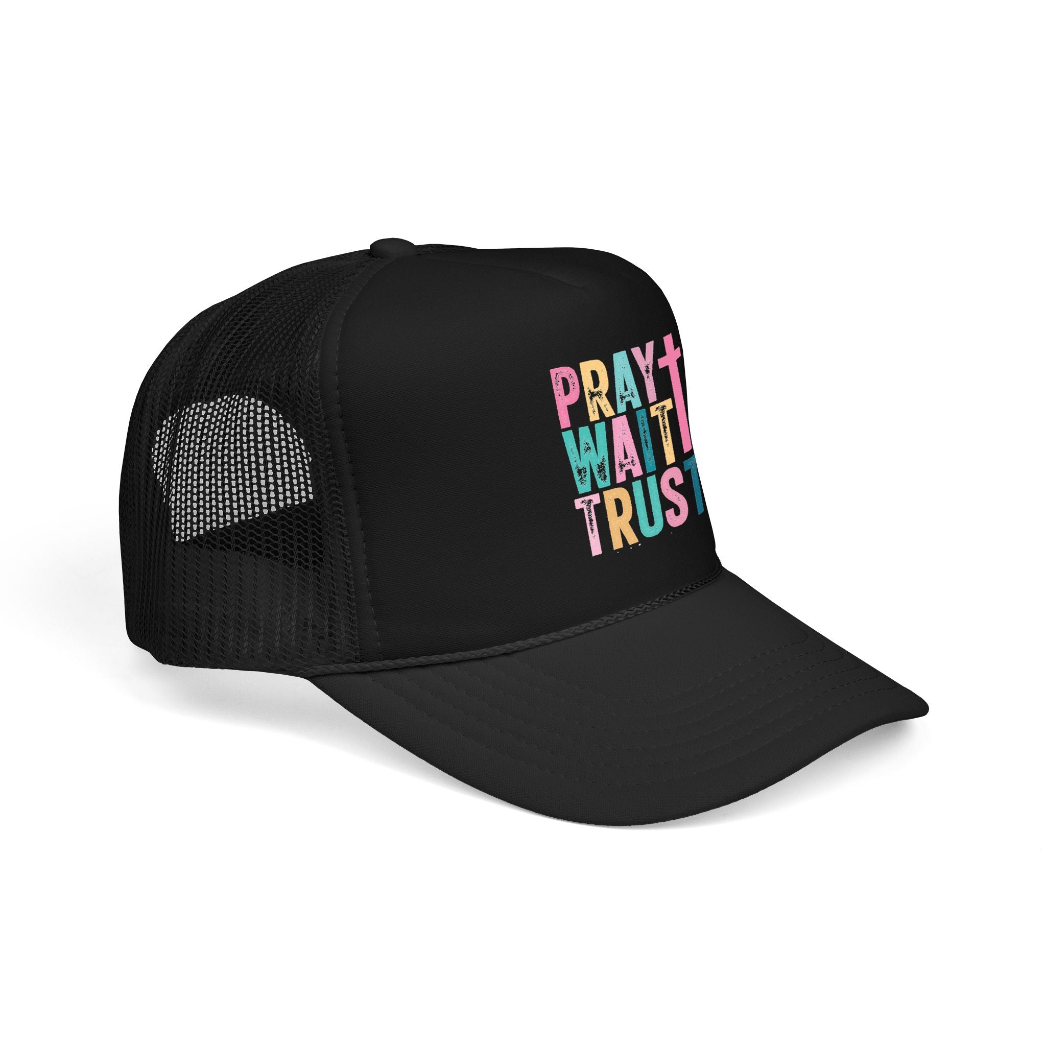 Trucker Hat — "Pray Wait Trust" Colorful Cross Faith Cap