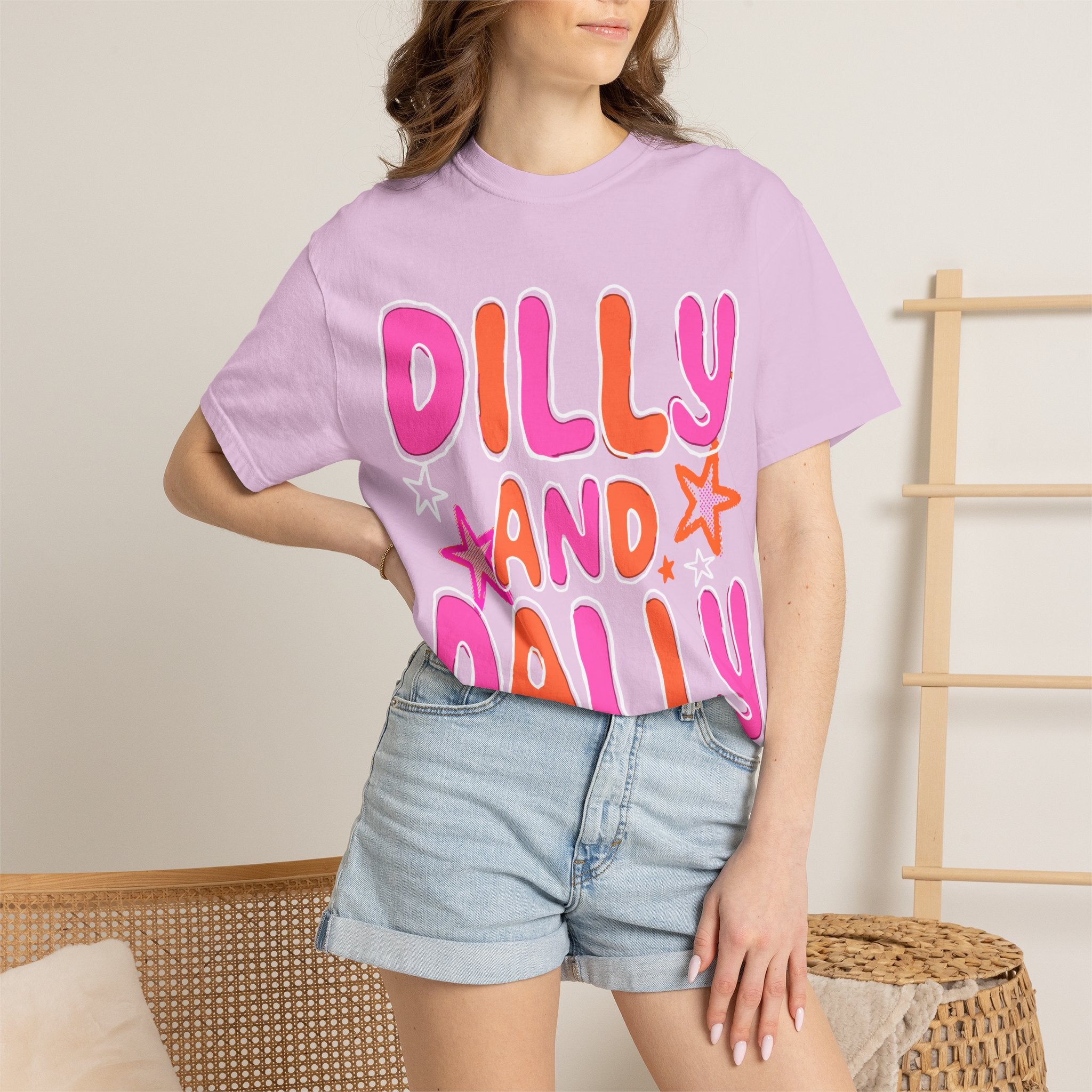 Dilly and Dally Graphic T-Shirt — Playful Pink & Orange Typography Tee
