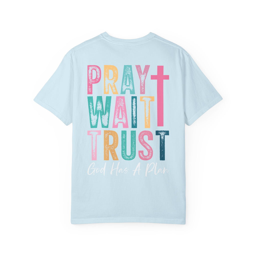 Pray Wait Trust T-Shirt — Colorful Christian Cross Faith Tee
