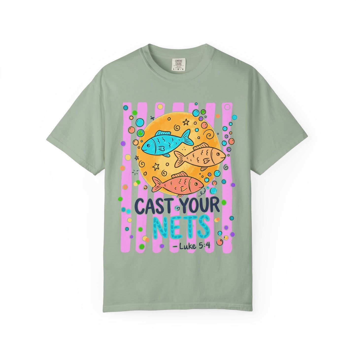 Cast Your Nets T-Shirt — Colorful Christian Fish Design (Luke 5:4)