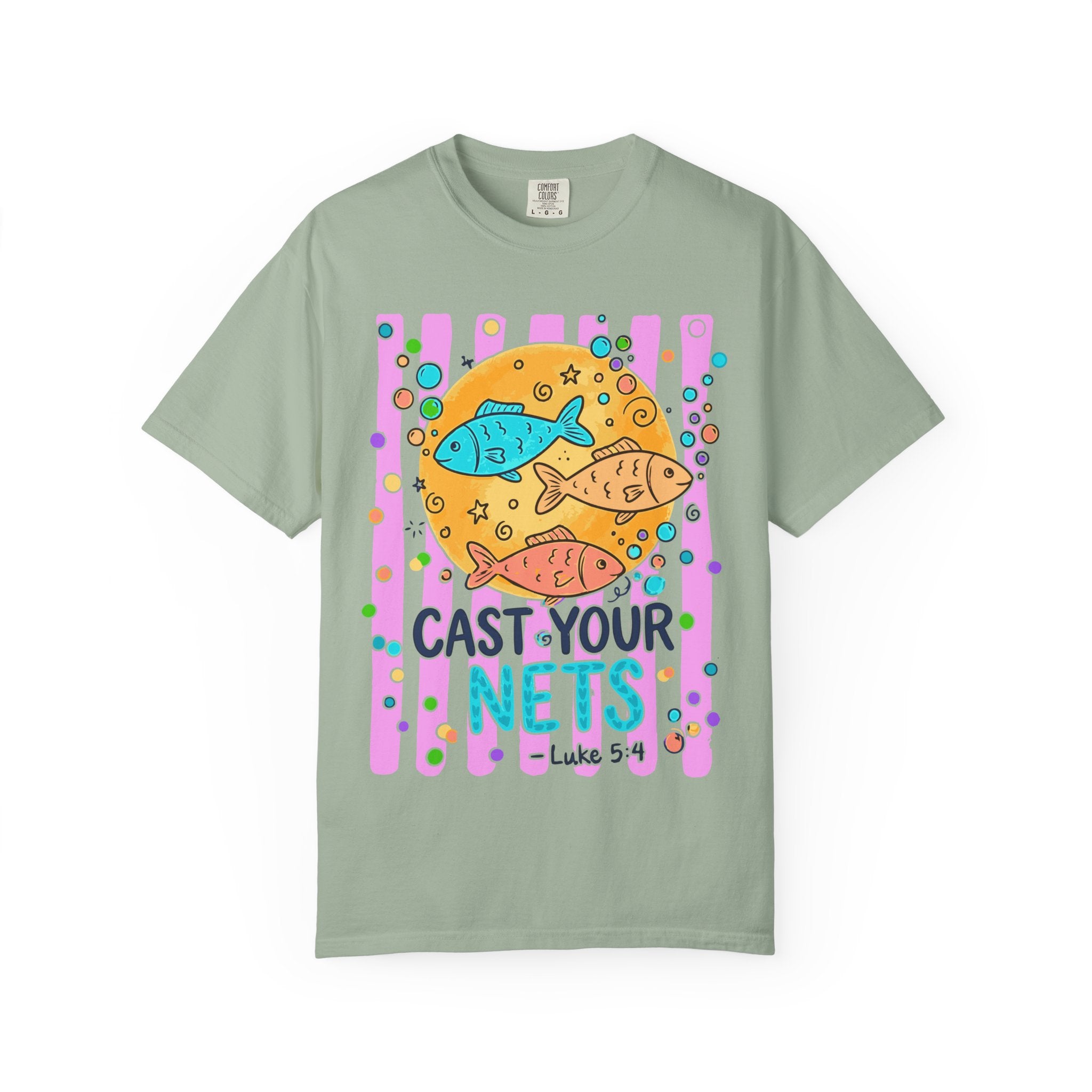 Cast Your Nets T-Shirt — Colorful Christian Fish Design (Luke 5:4)