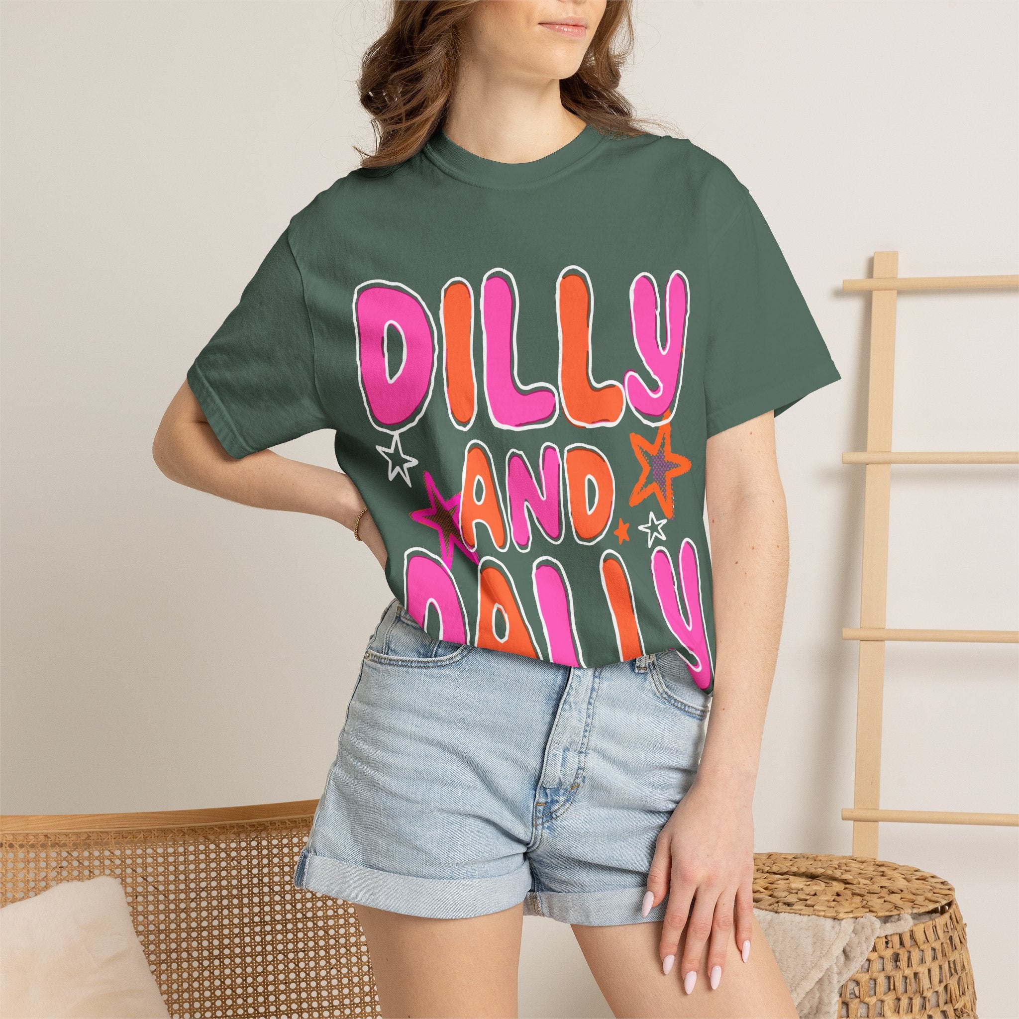 Dilly and Dally Graphic T-Shirt — Playful Pink & Orange Typography Tee