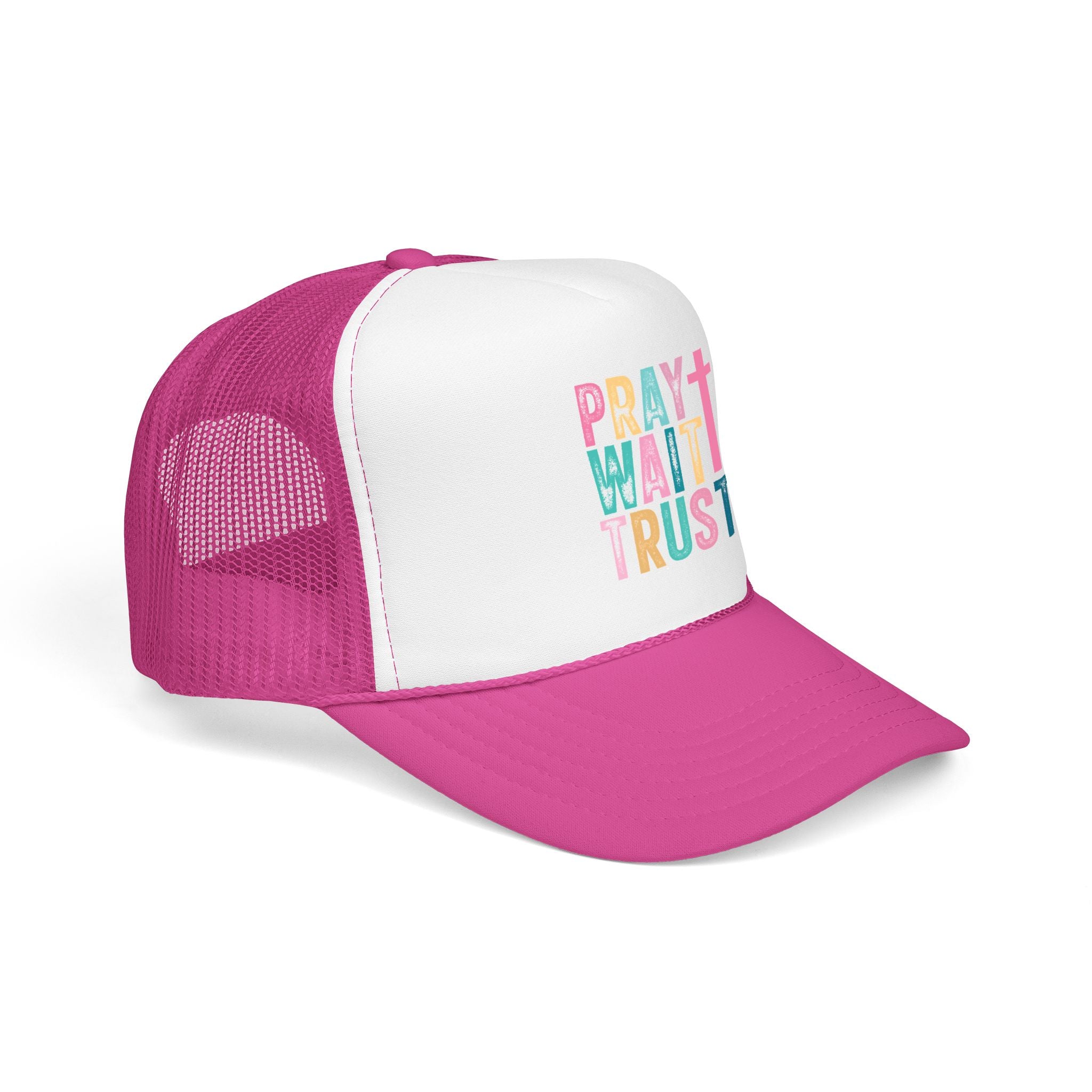 Trucker Hat — "Pray Wait Trust" Colorful Cross Faith Cap