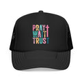 Trucker Hat — "Pray Wait Trust" Colorful Cross Faith Cap