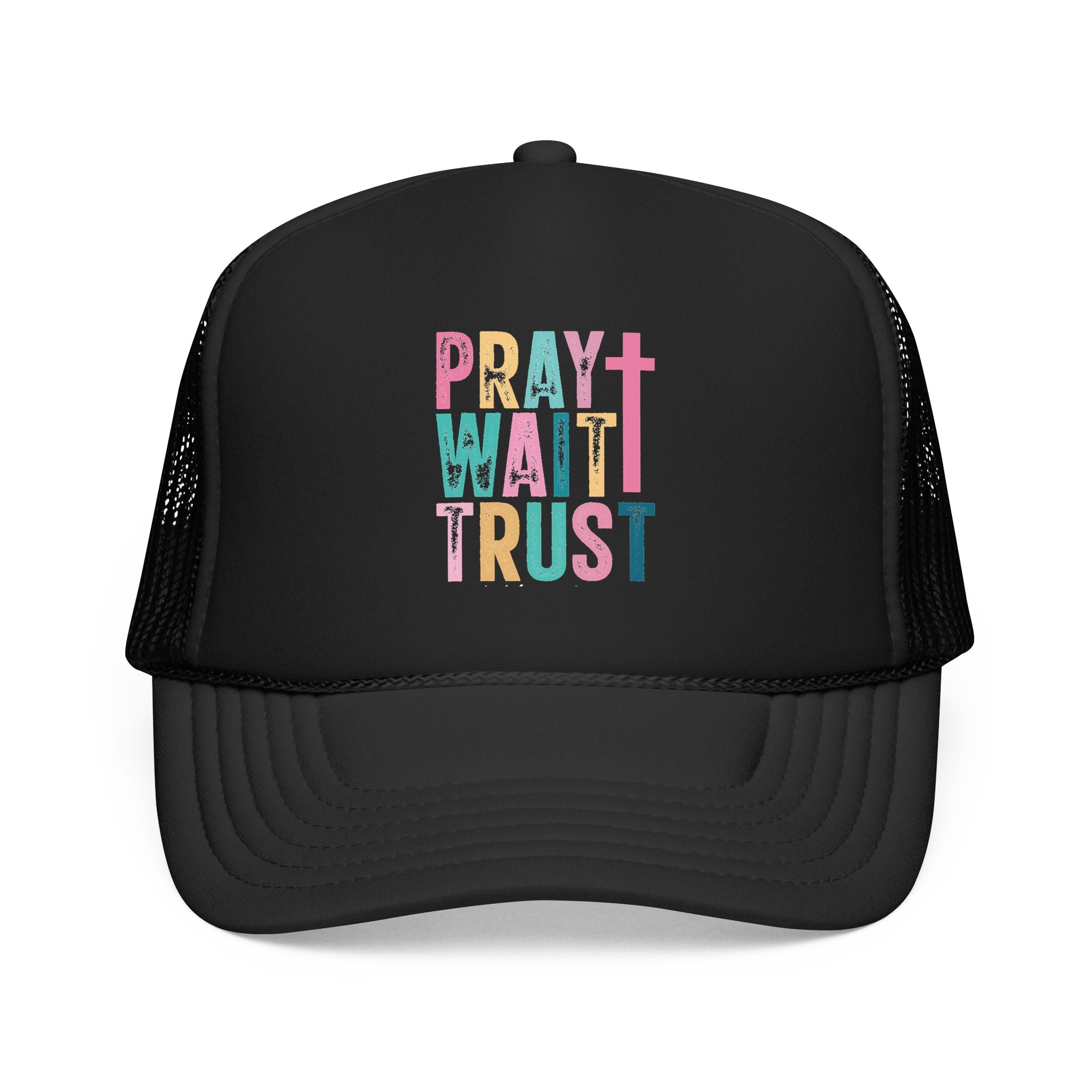 Trucker Hat — "Pray Wait Trust" Colorful Cross Faith Cap