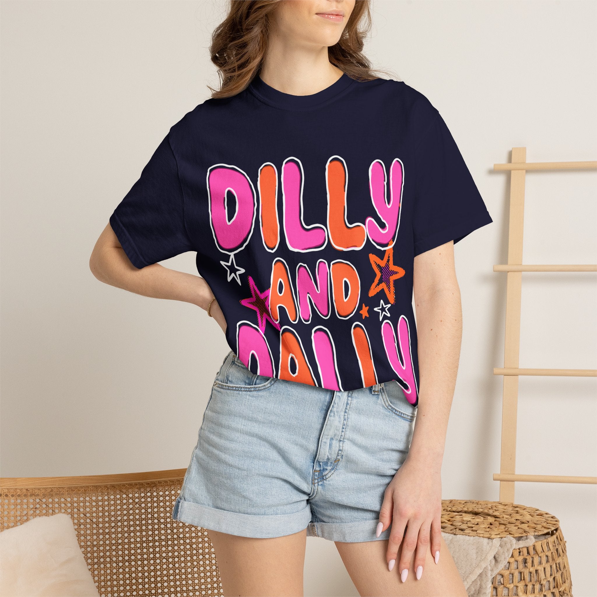Dilly and Dally Graphic T-Shirt — Playful Pink & Orange Typography Tee