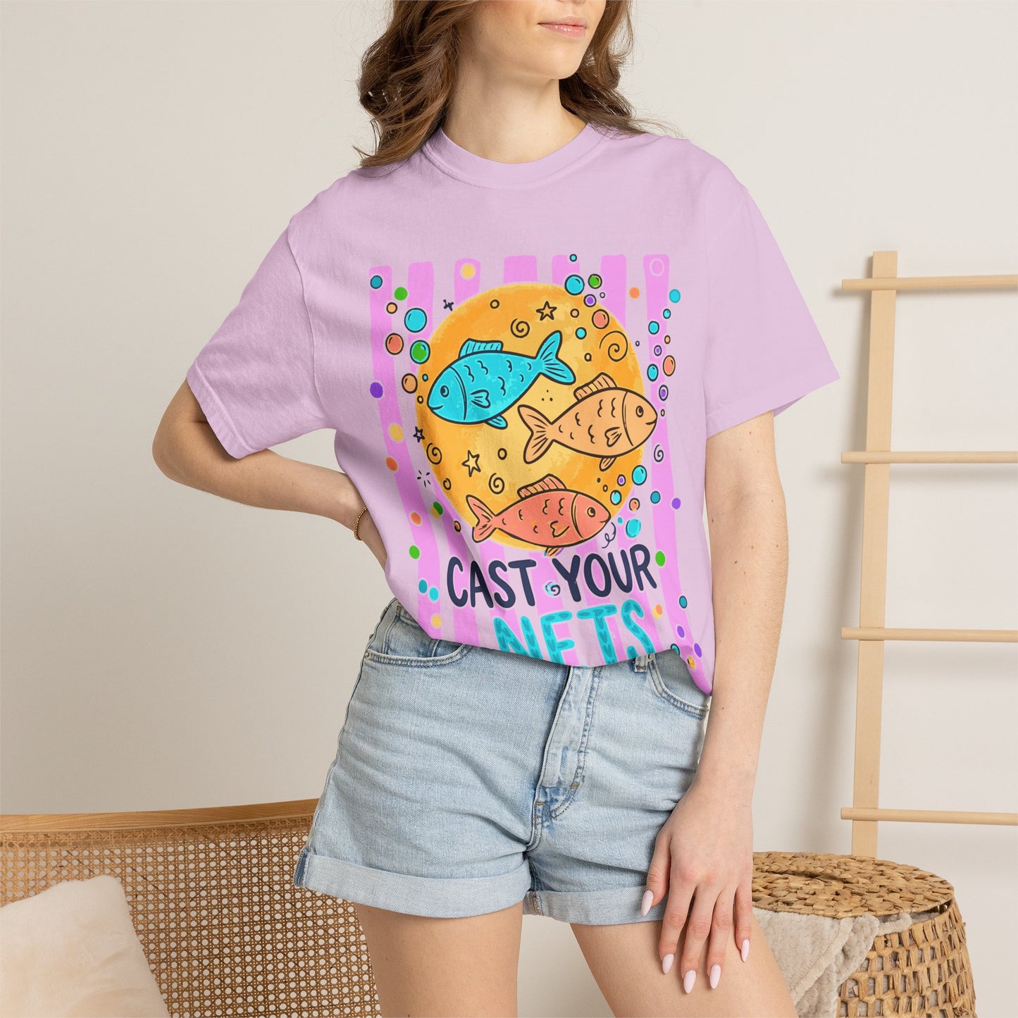 Cast Your Nets T-Shirt — Colorful Christian Fish Design (Luke 5:4)