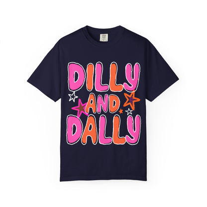 Dilly and Dally Graphic T-Shirt — Playful Pink & Orange Typography Tee