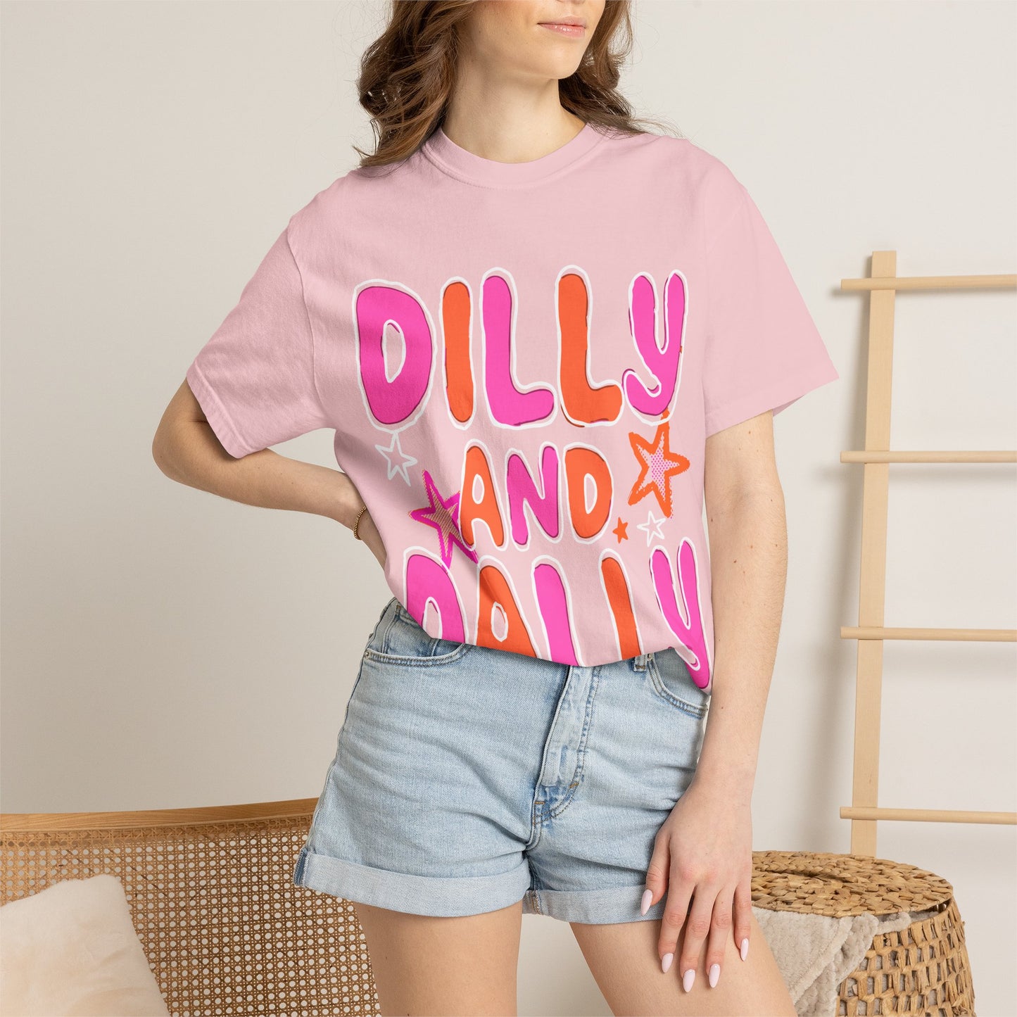 Dilly and Dally Graphic T-Shirt — Playful Pink & Orange Typography Tee