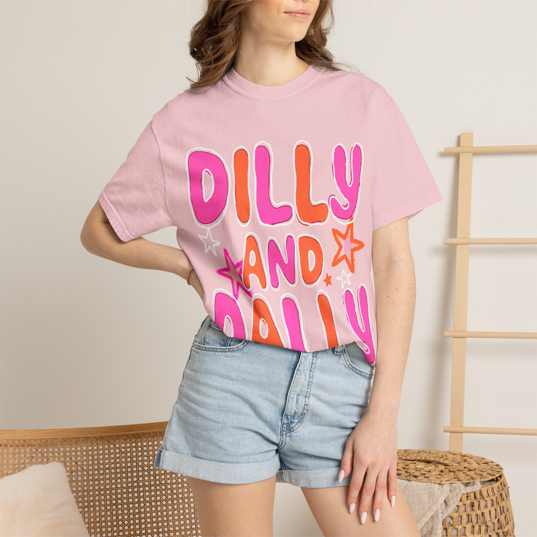 Dilly and Dally Graphic T-Shirt — Playful Pink & Orange Typography Tee