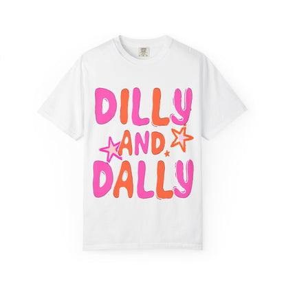 Dilly and Dally Graphic T-Shirt — Playful Pink & Orange Typography Tee