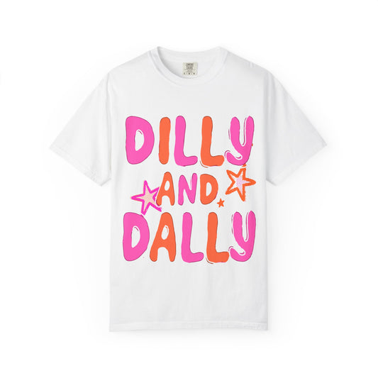 Dilly and Dally Graphic T-Shirt — Playful Pink & Orange Typography Tee
