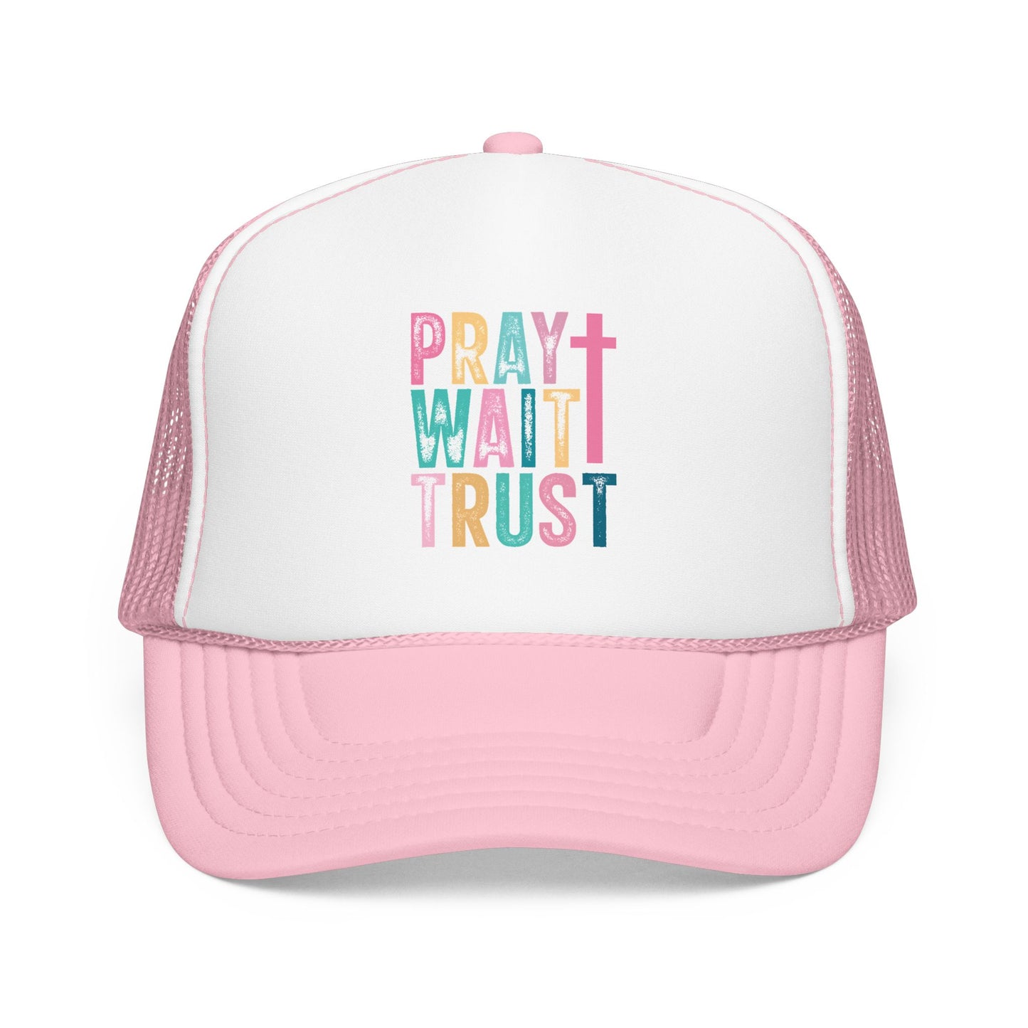 Trucker Hat — "Pray Wait Trust" Colorful Cross Faith Cap