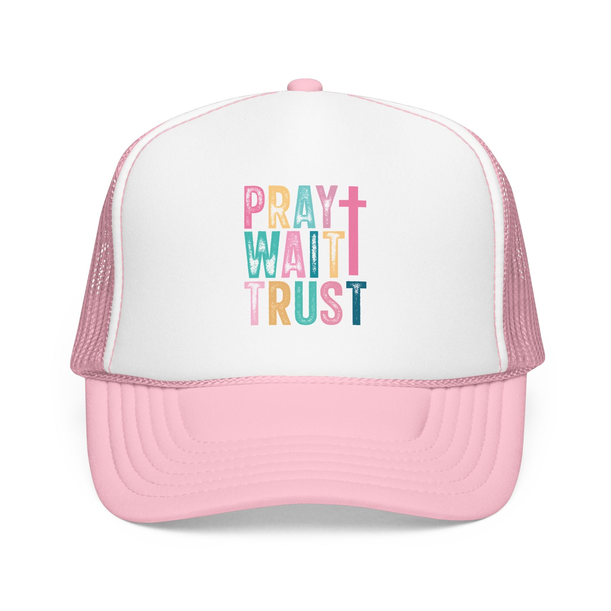 Trucker Hat — "Pray Wait Trust" Colorful Cross Faith Cap