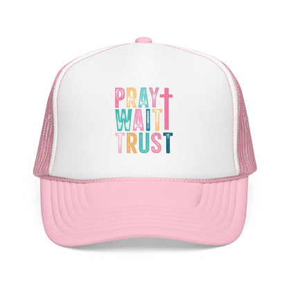 Trucker Hat — "Pray Wait Trust" Colorful Cross Faith Cap