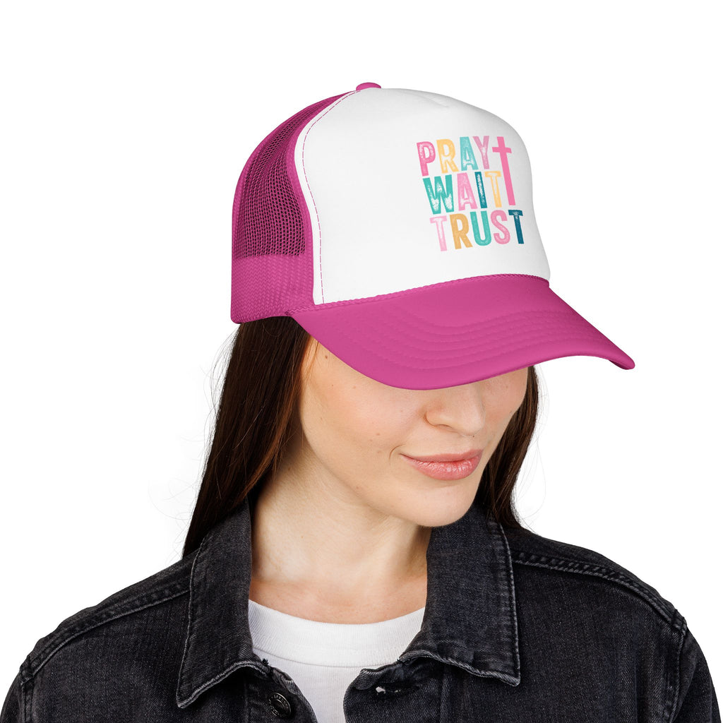Trucker Hat — "Pray Wait Trust" Colorful Cross Faith Cap
