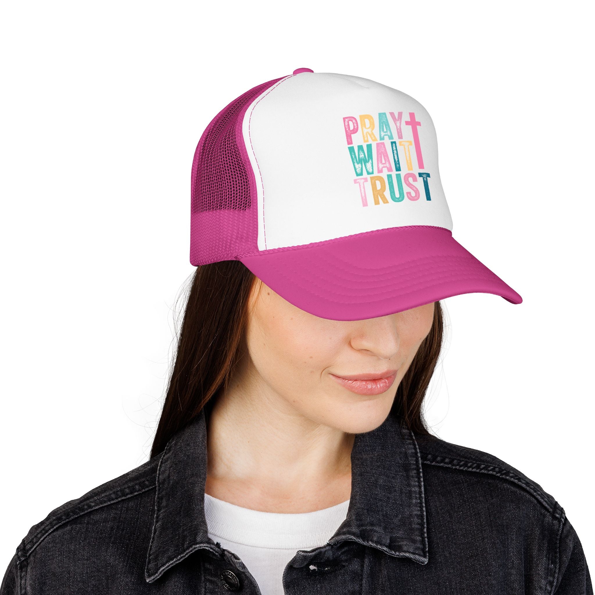 Trucker Hat — "Pray Wait Trust" Colorful Cross Faith Cap