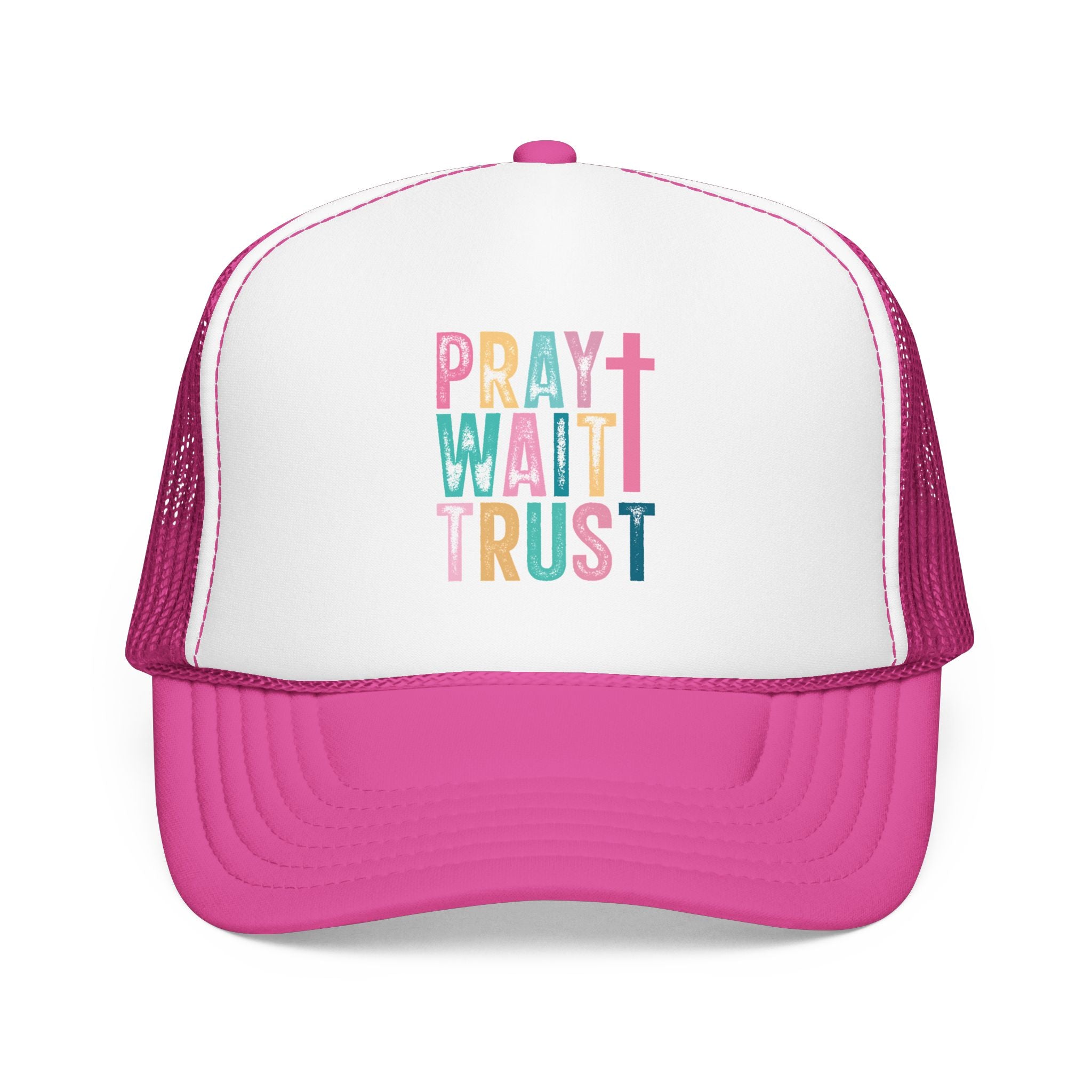 Trucker Hat — "Pray Wait Trust" Colorful Cross Faith Cap