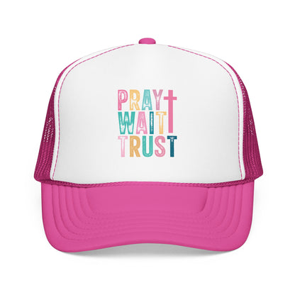 Trucker Hat — "Pray Wait Trust" Colorful Cross Faith Cap