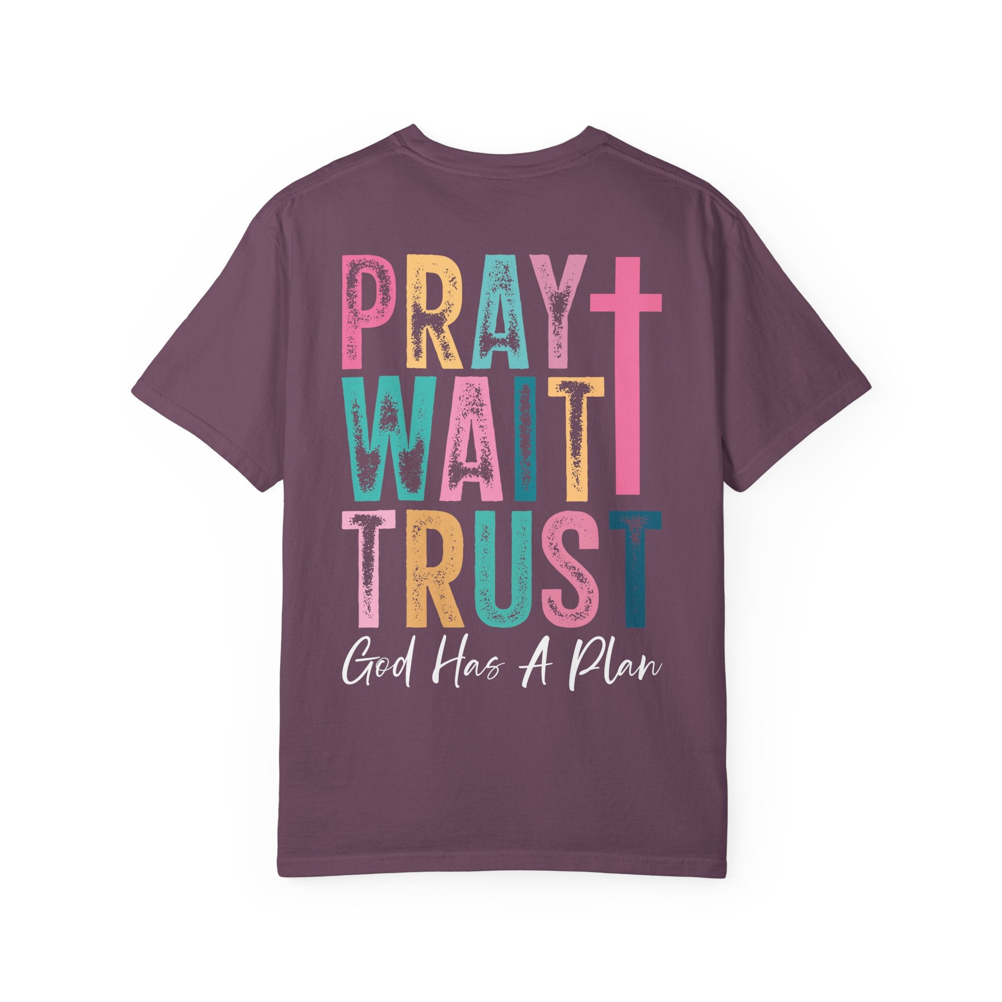 Pray Wait Trust T-Shirt — Colorful Christian Cross Faith Tee