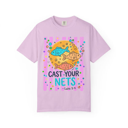 Cast Your Nets T-Shirt — Colorful Christian Fish Design (Luke 5:4)