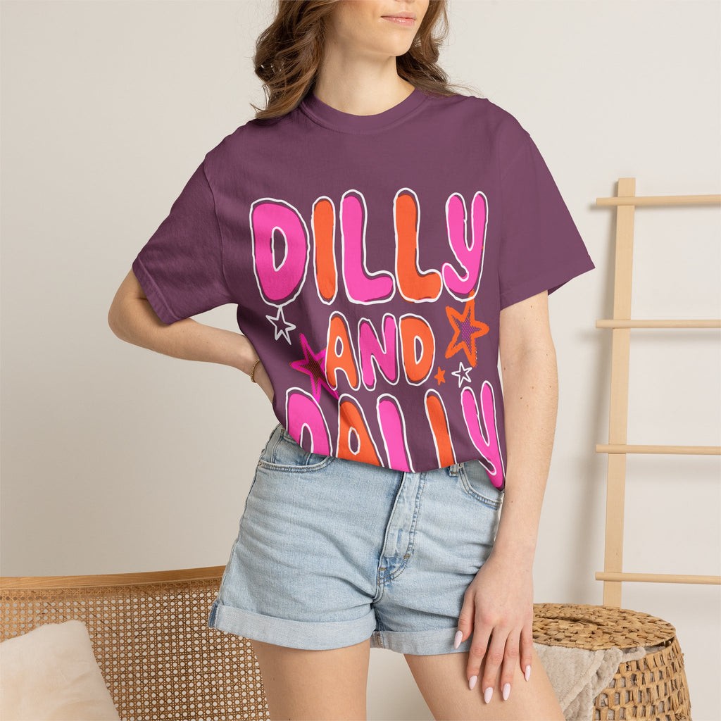 Dilly and Dally Graphic T-Shirt — Playful Pink & Orange Typography Tee
