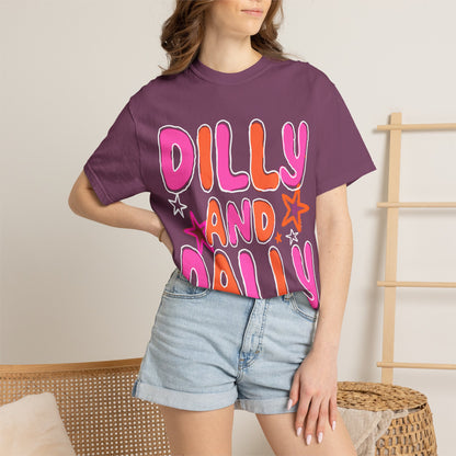 Dilly and Dally Graphic T-Shirt — Playful Pink & Orange Typography Tee