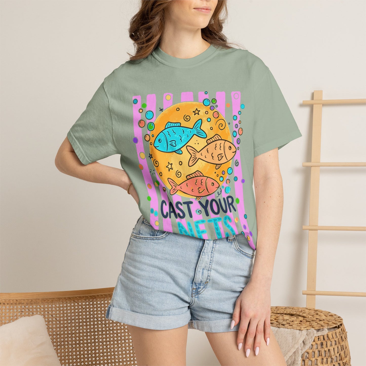 Cast Your Nets T-Shirt — Colorful Christian Fish Design (Luke 5:4)
