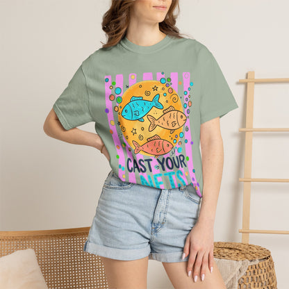 Cast Your Nets T-Shirt — Colorful Christian Fish Design (Luke 5:4)