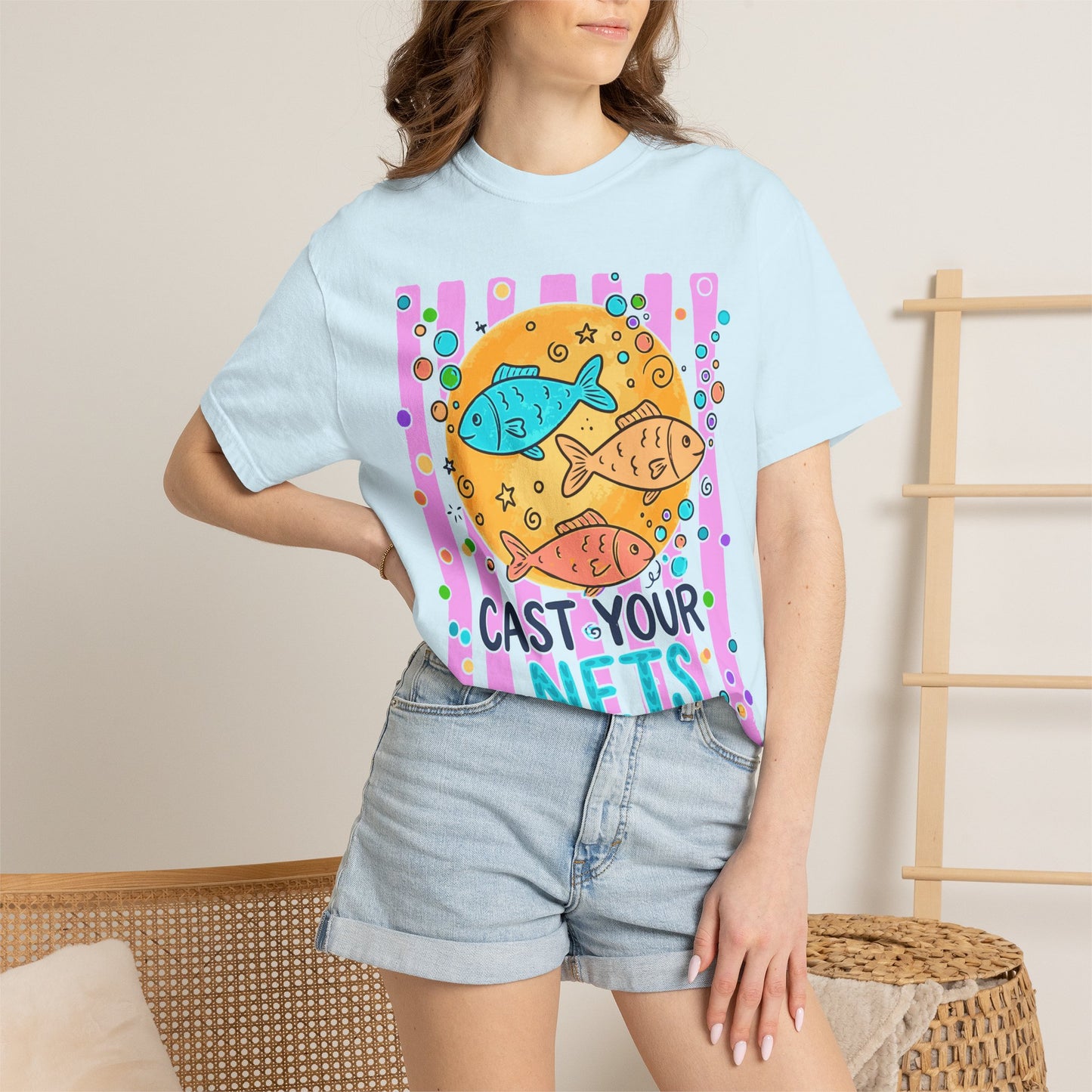 Cast Your Nets T-Shirt — Colorful Christian Fish Design (Luke 5:4)